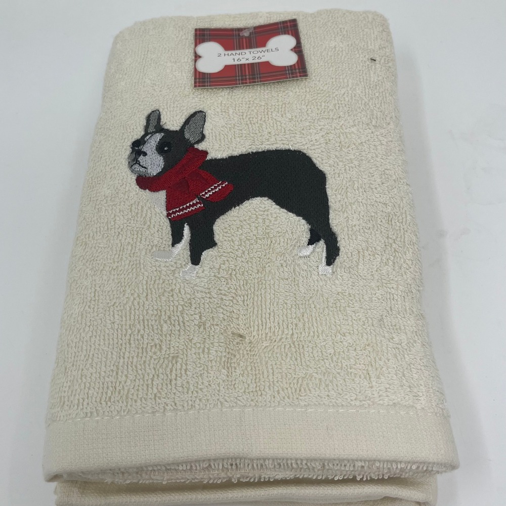 Christmas Hand Towels Boston Terrier French Bulldog Dog Embroidered 2 Piece Set